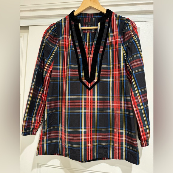 J. Crew Velvet-Trimmed V-neck Long Sleeve Tunic in Black Stewart Tartan - Picture 4 of 10